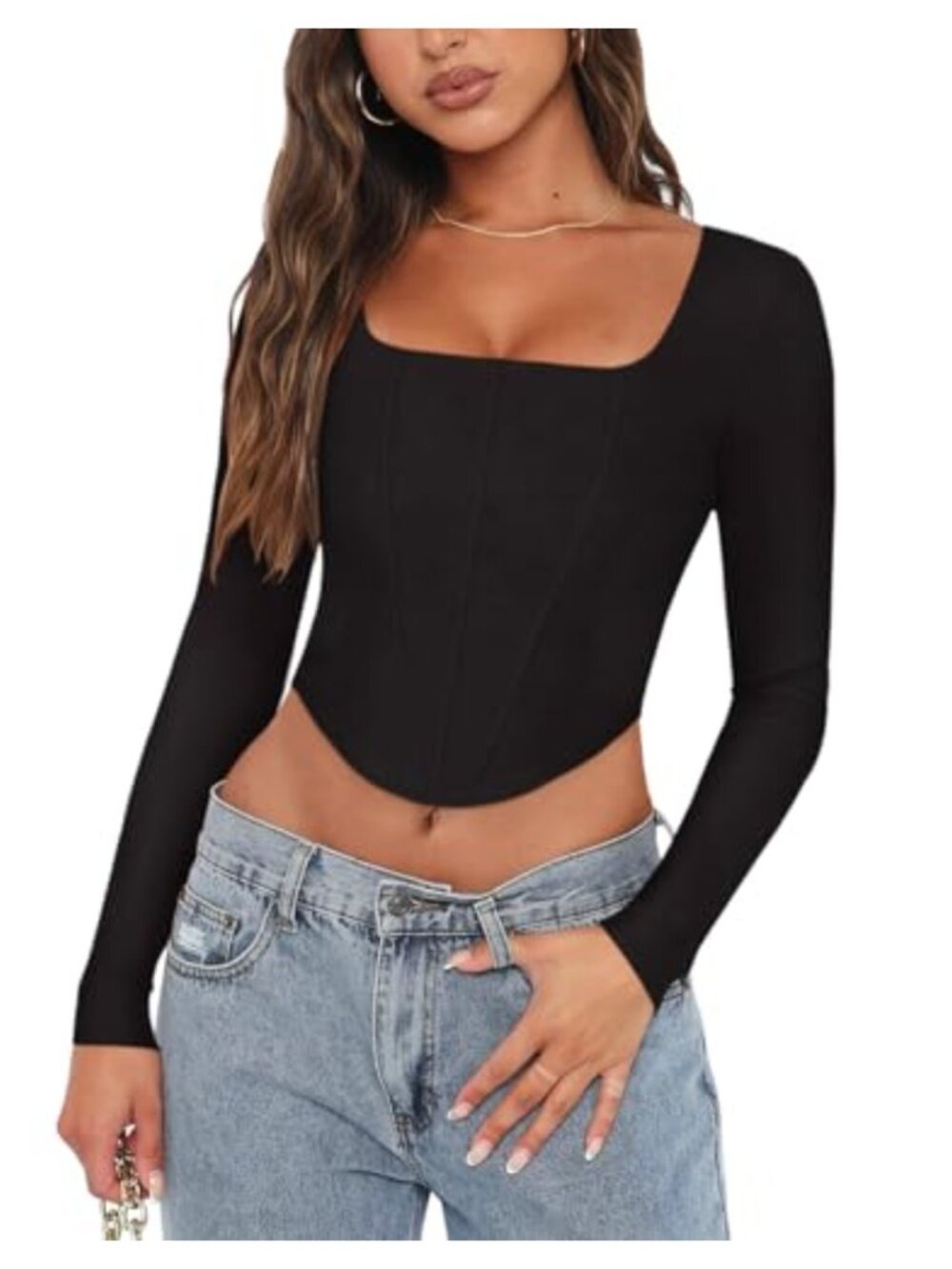 REORIA Square Neck Long Sleeve Backless Boned Bustier Corset Crop Top